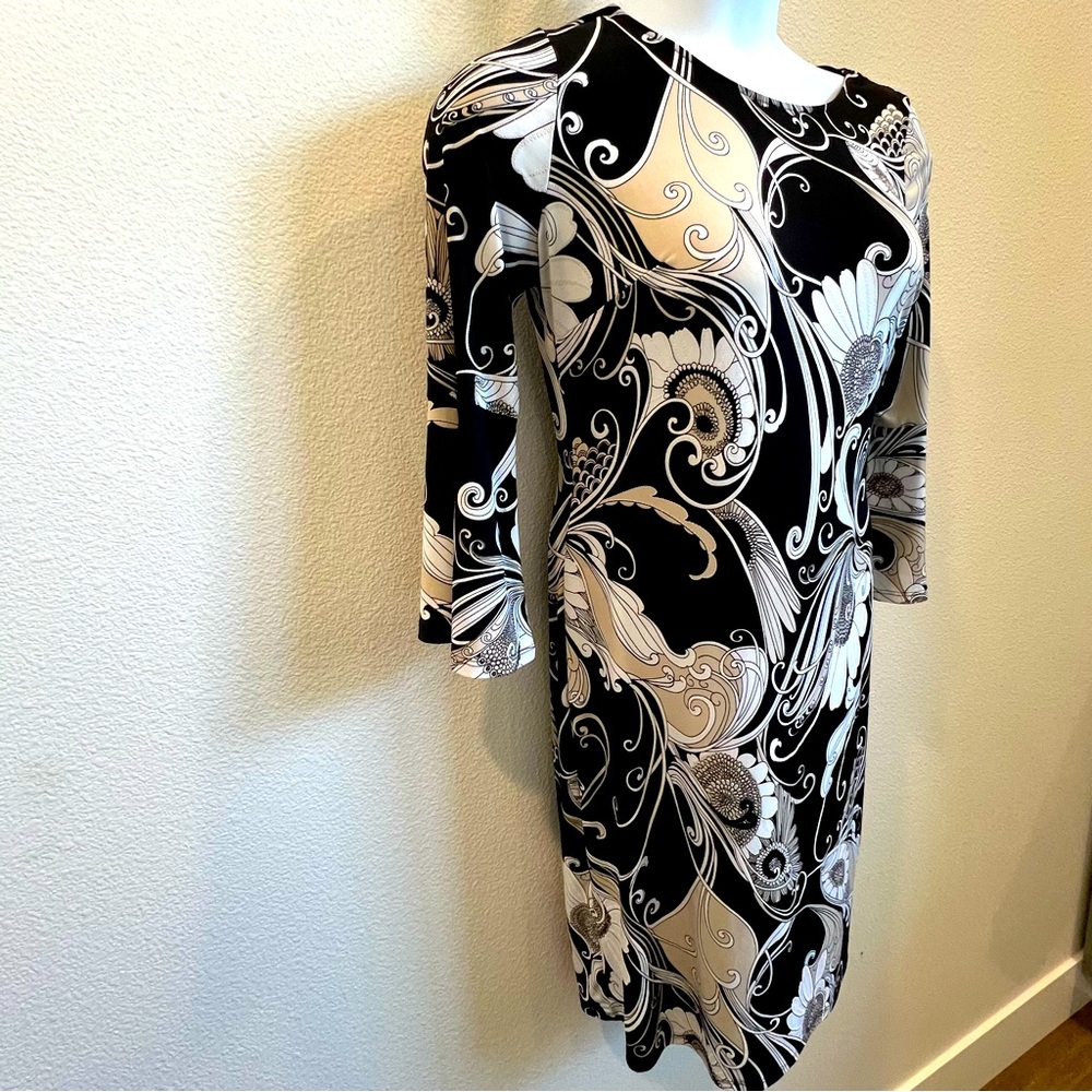 Glamour women black white tan floral midi dress trumpet sleeve round neck Sz 8 - Picture 6 of 16